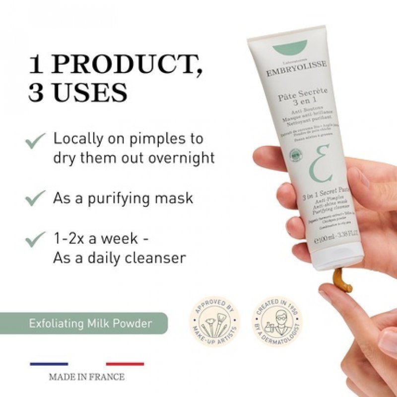 Embryolisse 3 in 1 Anti-pimples & Acne Treatment Multipurpose Clay Mask 3.38 Fl Oz