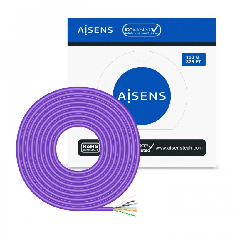 AISENS RJ45 LSZH Cat.6 UTP Rigid Network Cable AWG23 CCA (Alloy), Violet, 100M