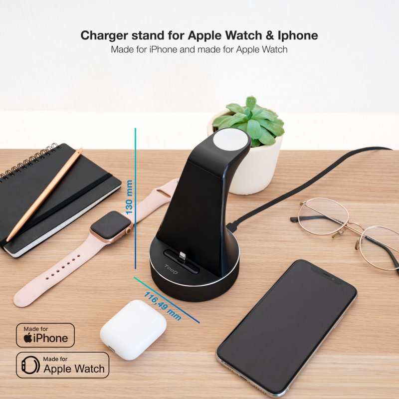 BASE DE CARGA TOOQ PARA APPLE WATCH Y IPHONE NEGRO INCLUYE CARGADOR USB
