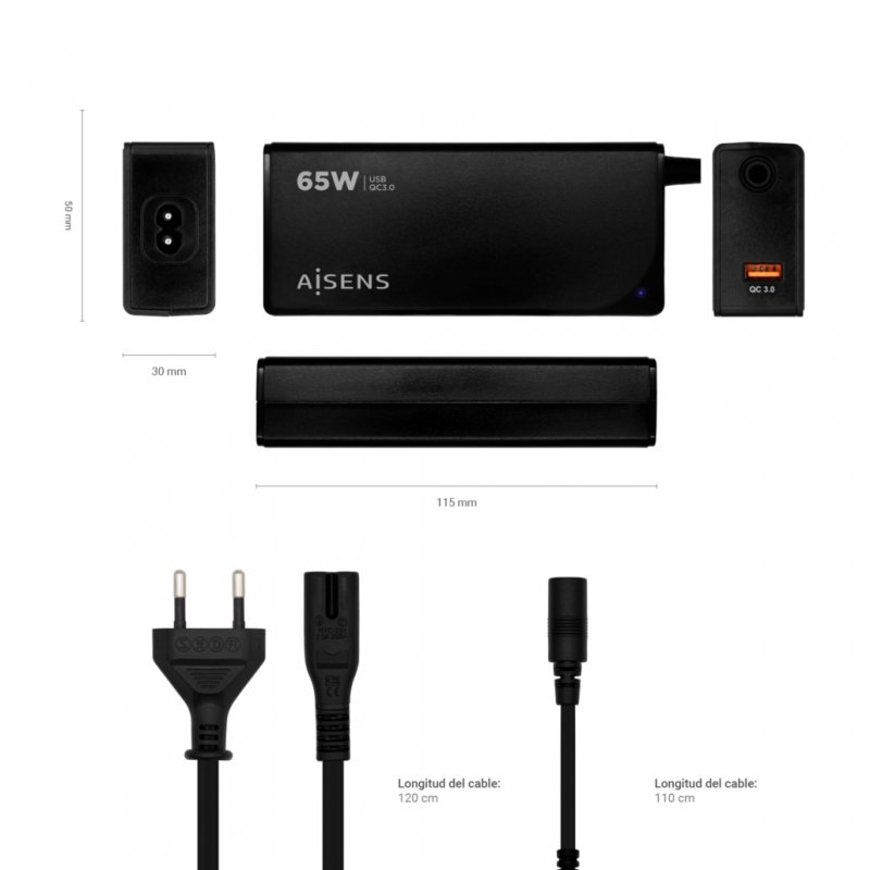 AISENS ASLC-65WAUTO-BK adaptateur de puissance & onduleur Intérieure 65 W Noir