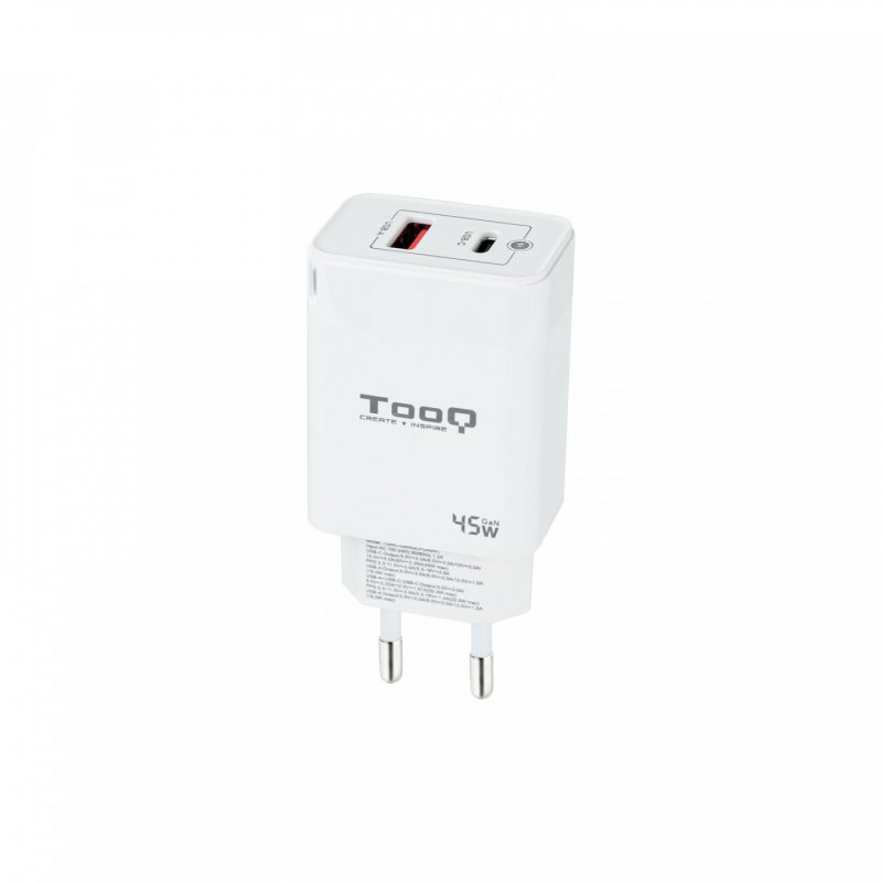 TooQ GaN Wall Charger USB-C/PD USB-A/QC 45W, White