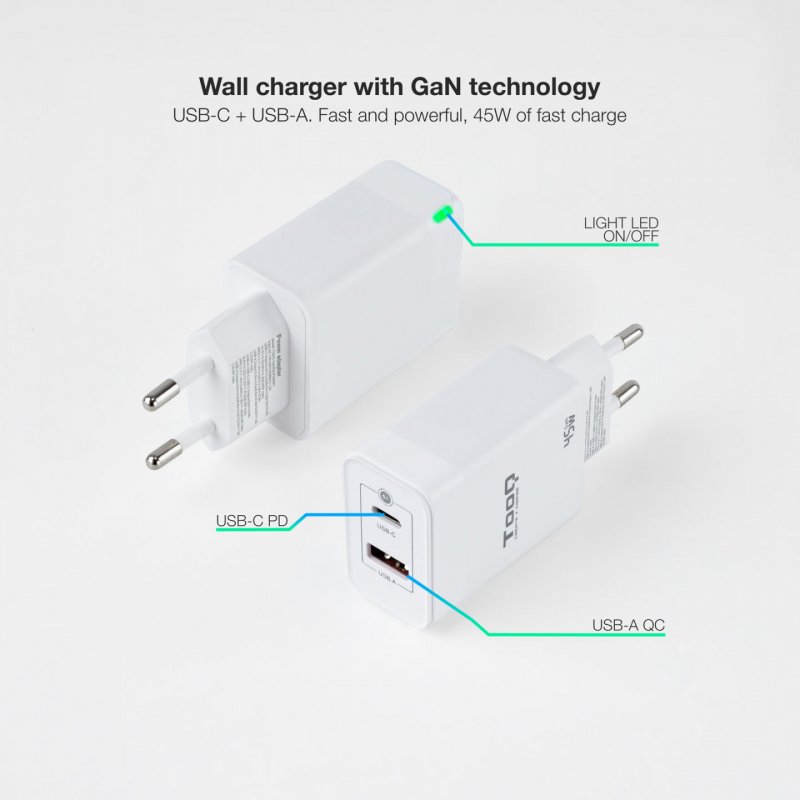 CARGADOR DE PARED TOOQ GAN USB C PD USB-A QC 45W