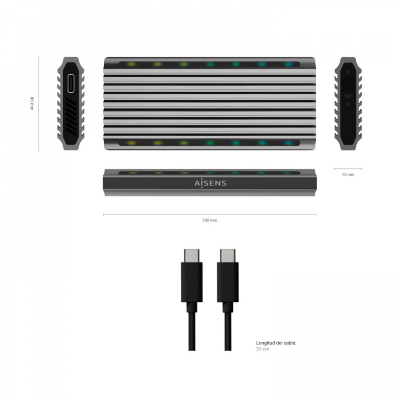 CAJA EXTERNA AISENS M.2 RGB GAMING SATA NVME A USB3.1 GEN2 GRIS