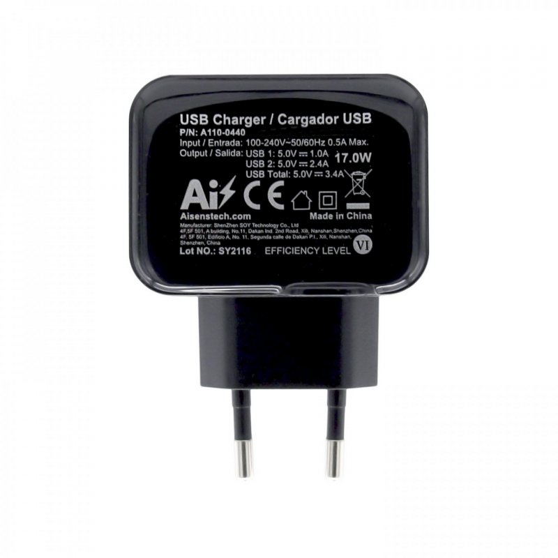 AISENS CARGADOR USB 17W 5V 3.4A 2xUSB CON CONTROL AI NEGRO