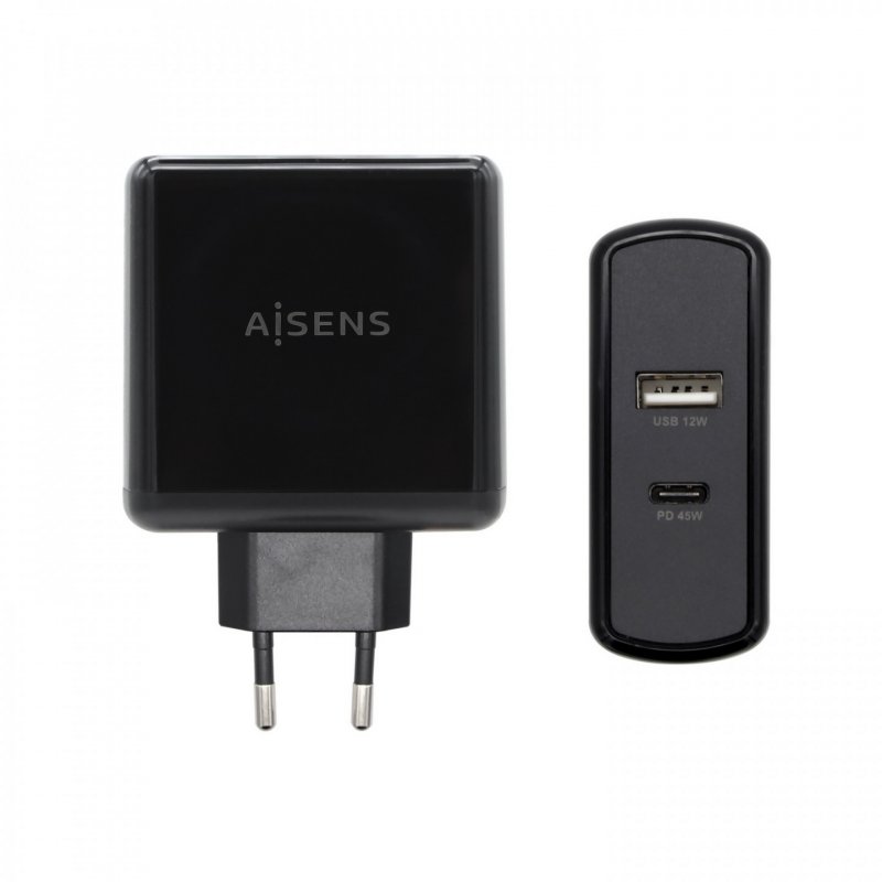AISENS Cargador 57 W, 1x USB-C PD3.0 45 W, 1x USB-A 5 V / 2.4 A 12 W, Negro