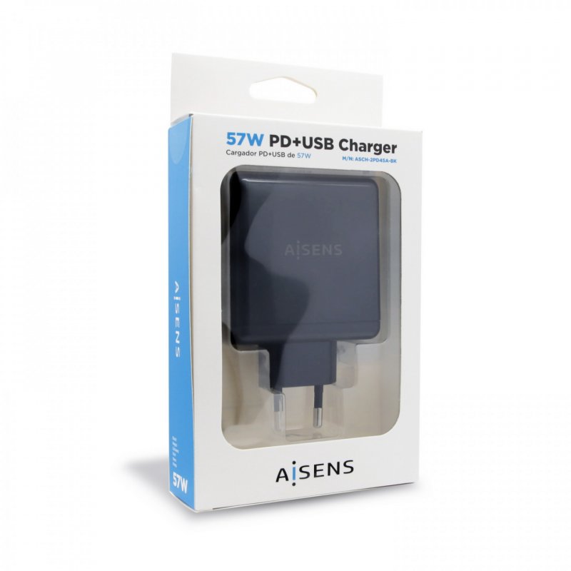 AISENS Cargador 57 W, 1x USB-C PD3.0 45 W, 1x USB-A 5 V / 2.4 A 12 W, Negro