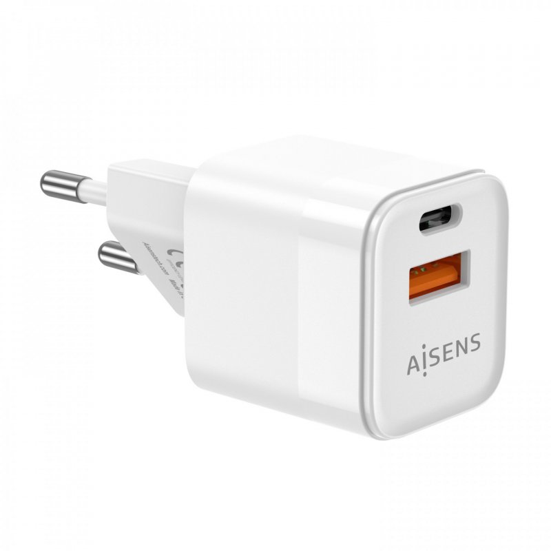 AISENS Gan 20W Charger, 1xUSB-C PD3.0 QC4.0, 1xUSB-A QC3.0, White