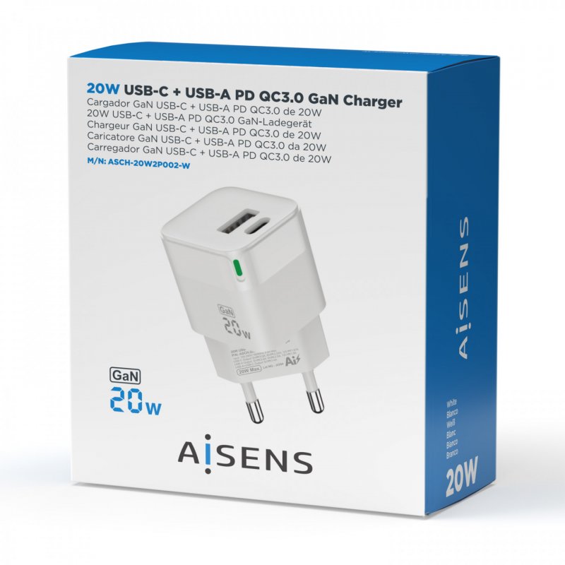 AISENS Gan 20W Charger, 1xUSB-C PD3.0 QC4.0, 1xUSB-A QC3.0, White