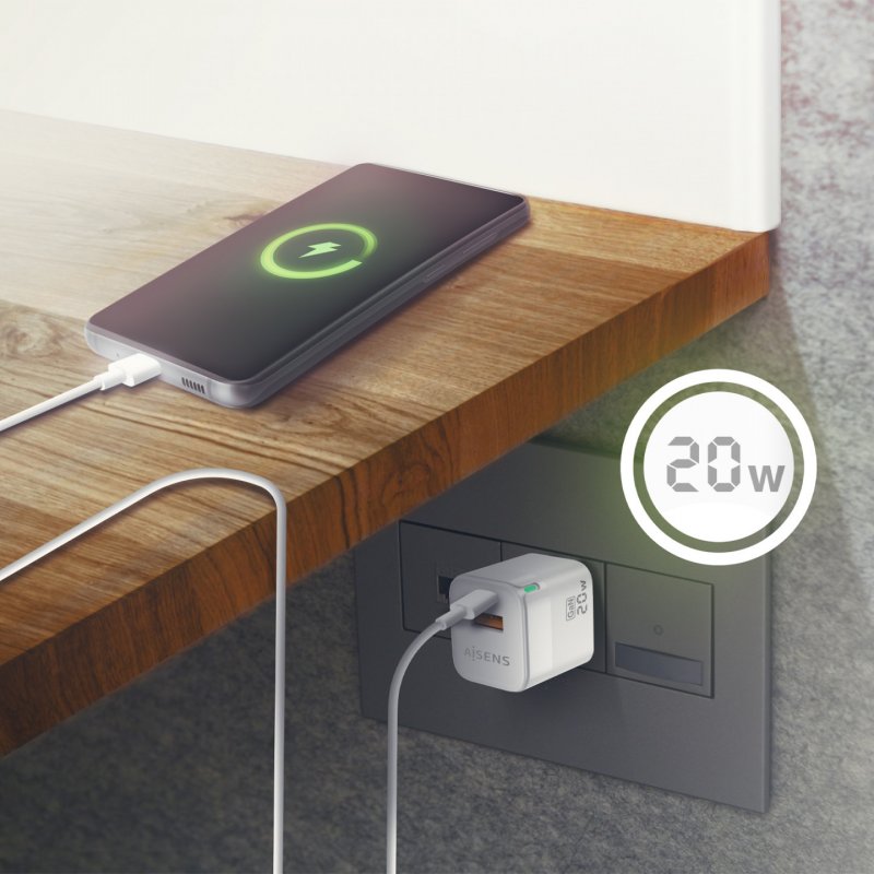 AISENS Gan 20W Charger, 1xUSB-C PD3.0 QC4.0, 1xUSB-A QC3.0, White