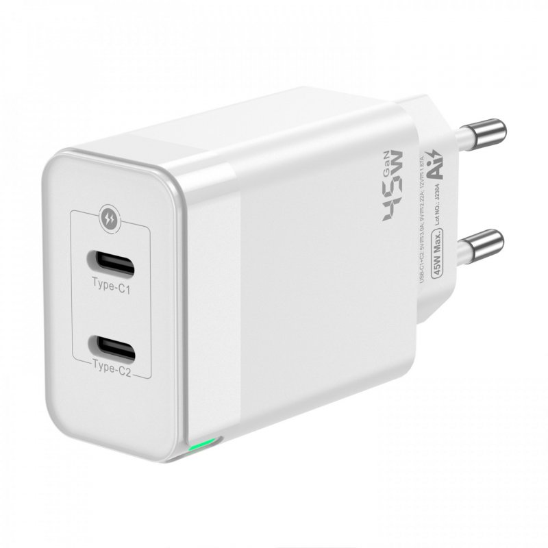 AISENS Gan 45W Charger, 2xUSB-C PD3.0 QC4.0, White