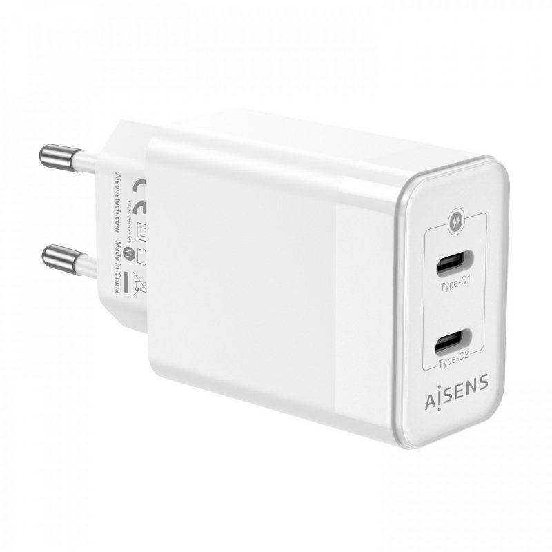 AISENS Gan 45W Charger, 2xUSB-C PD3.0 QC4.0, White