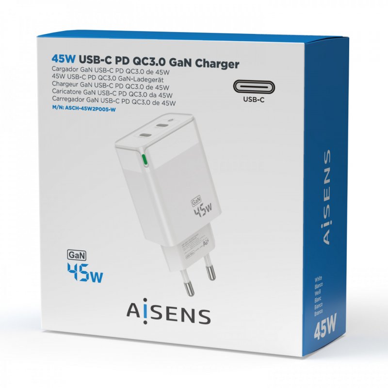 CARGADOR GAN AISENS 45W 2XUSB-C PD3.0 QC4.0 BLANCO