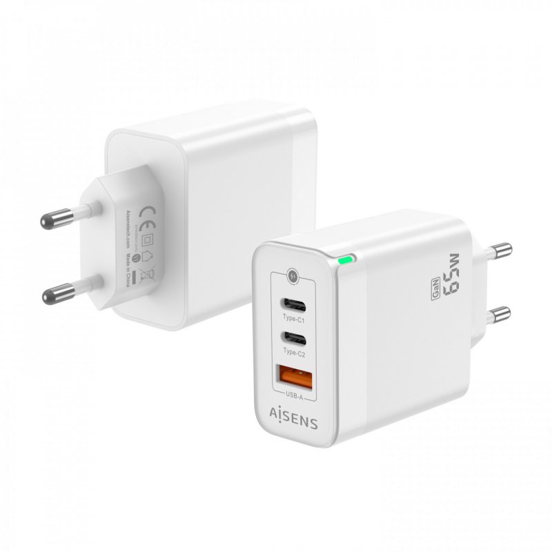 AISENS Gan 65W Charger, 2xUSB-C PD3.0 QC4.0, 1xUSB-A QC3.0, White