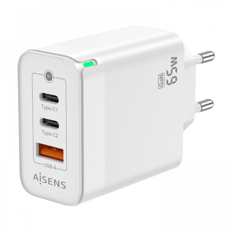 CARGADOR GAN AISENS 65W 2XUSB-C PD3.0 QC4.0 1XUSB-A QC3.0 BLANCO