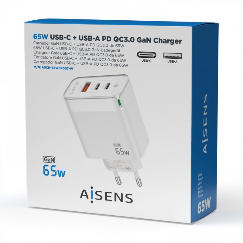 AISENS Gan 65W Charger, 2xUSB-C PD3.0 QC4.0, 1xUSB-A QC3.0, White