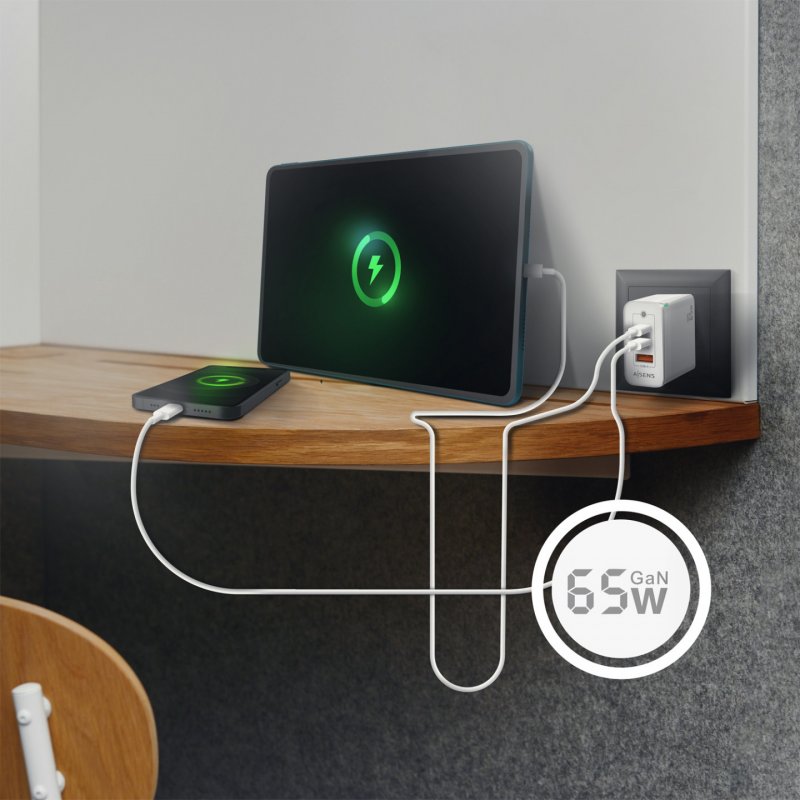 AISENS Gan 65W Charger, 2xUSB-C PD3.0 QC4.0, 1xUSB-A QC3.0, White