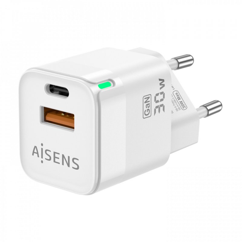 CARGADOR GAN AISENS 30W 1XUSB-C PD3.0 QC4.0 1XUSB-A QC3.0 BLANCO