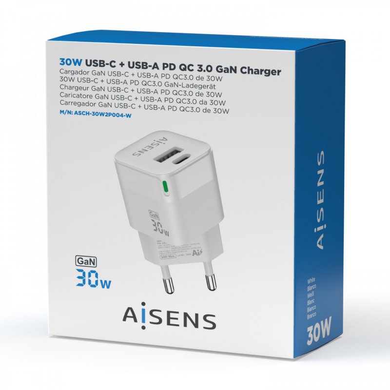 CARGADOR GAN AISENS 30W 1XUSB-C PD3.0 QC4.0 1XUSB-A QC3.0 BLANCO