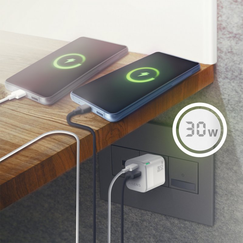 CARGADOR GAN AISENS 30W 1XUSB-C PD3.0 QC4.0 1XUSB-A QC3.0 BLANCO
