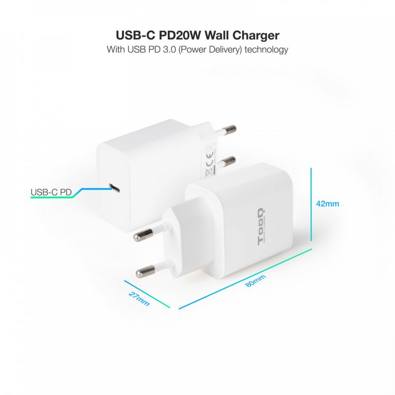 CARGADOR TOOQ DE PARED USB-C PD3.0 20W BLANCO