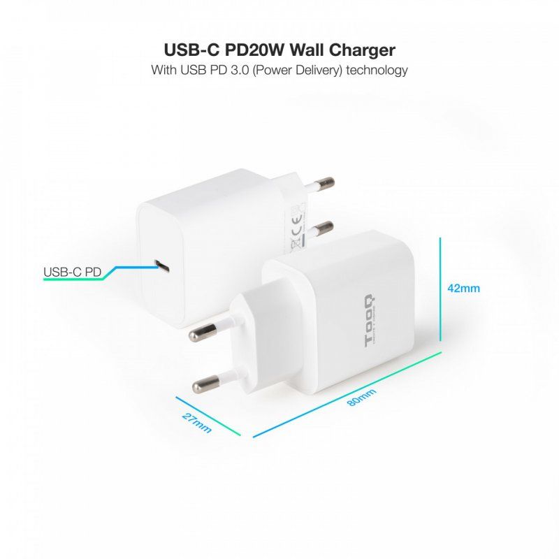 TooQ USB-C PD20W Wall Charger, White