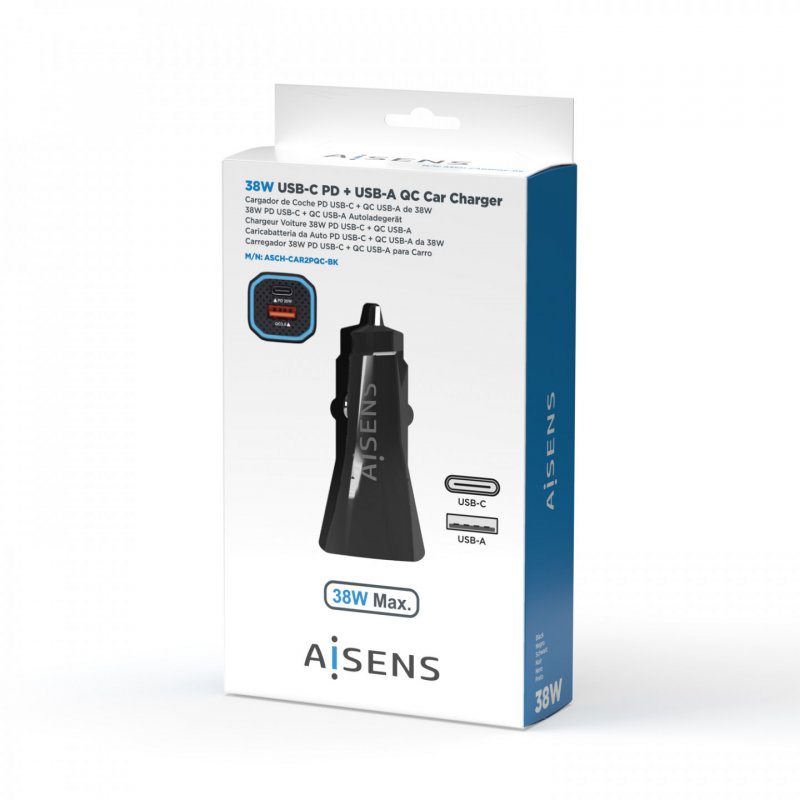 AISENS ASCH-CAR2PQC-BK chargeur d'appareils mobiles Universel Noir Allume-cigare Charge rapide Auto