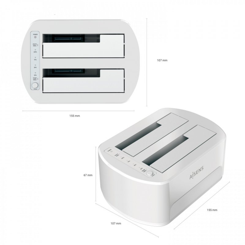 AISENS Dual Bay Docking Station ASDS-D02W SATA 2.5/3.5 to USB 3.0/3.1 Gen1, Clone, White