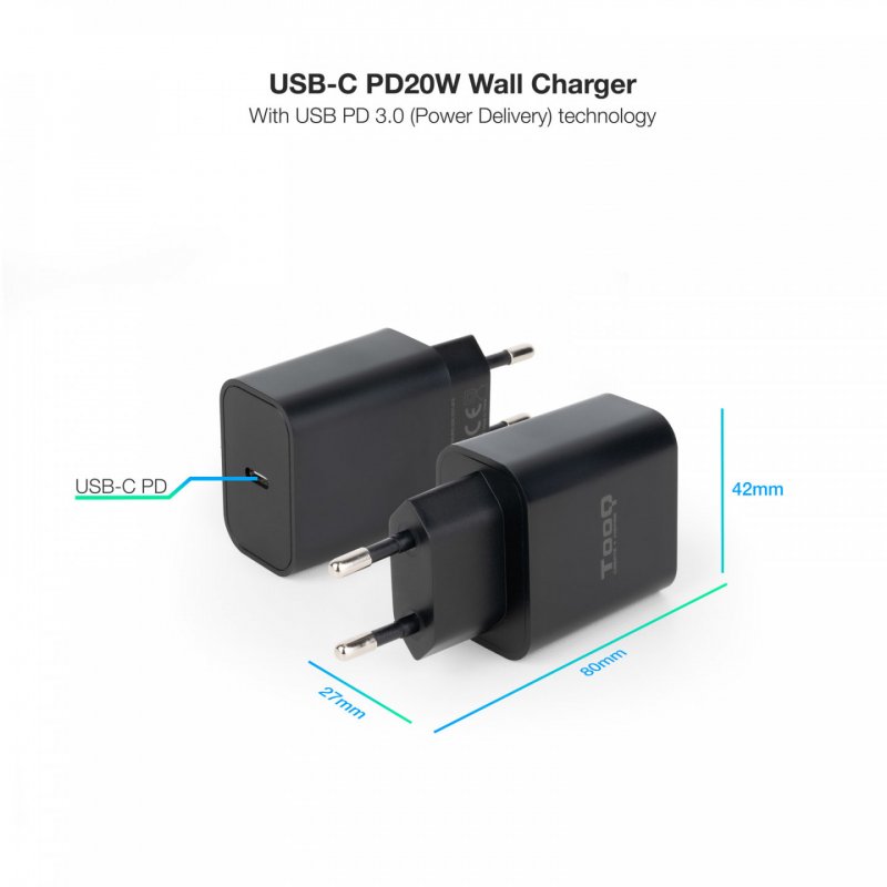 TooQ USB-C PD20W Wall Charger, Black