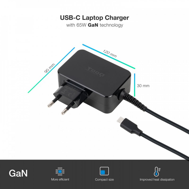 TooQ GAN USB-C PD Laptop Charger 65W, Black