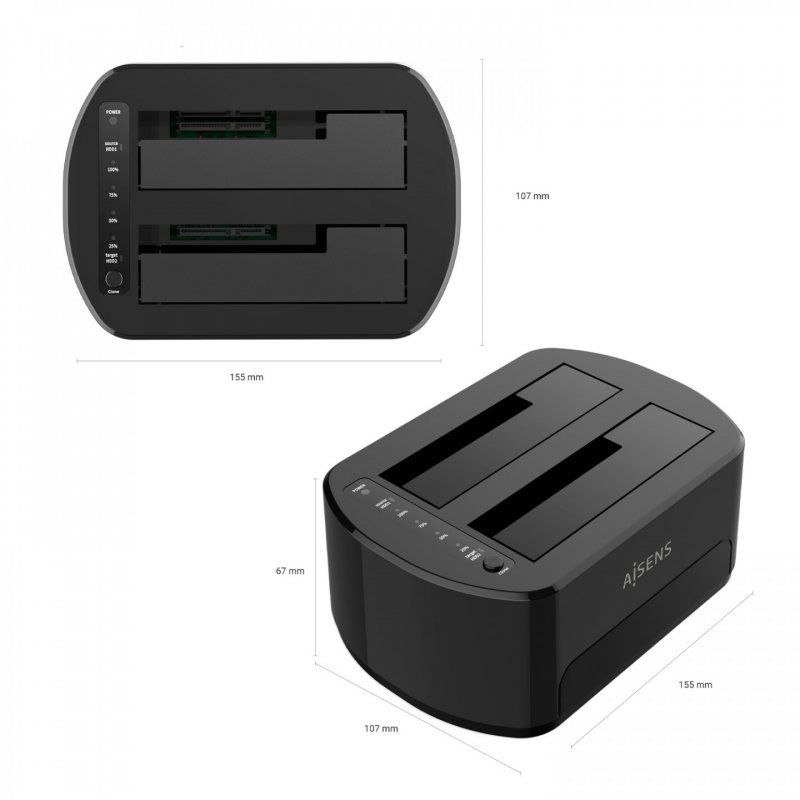 AISENS Dual Bay Docking Station ASDS-D03B SATA 2.5/3.5 to USB 3.0/3.1 Gen1, Clone, Black