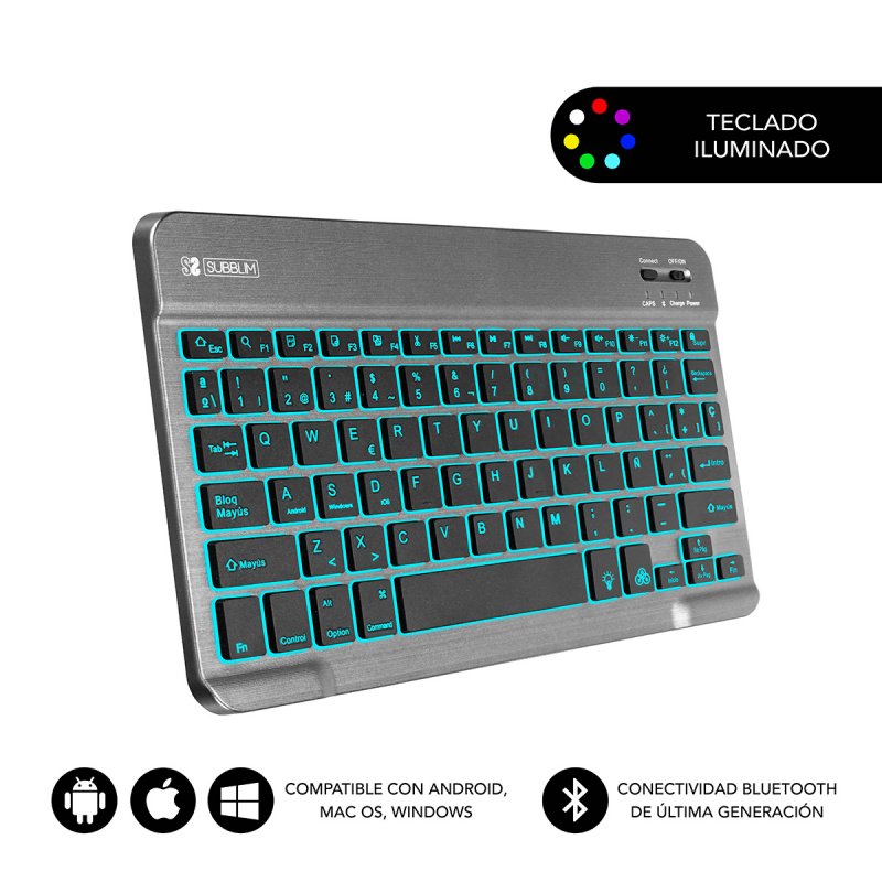 SUBBLIM TECLADO SMART BACKLIT BLUETOOTH GREY Noir, Gris QWERTY Espagnole