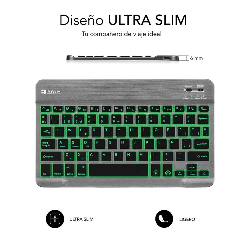 SUBBLIM TECLADO SMART BACKLIT BLUETOOTH GREY Black, Grey QWERTY Spanish