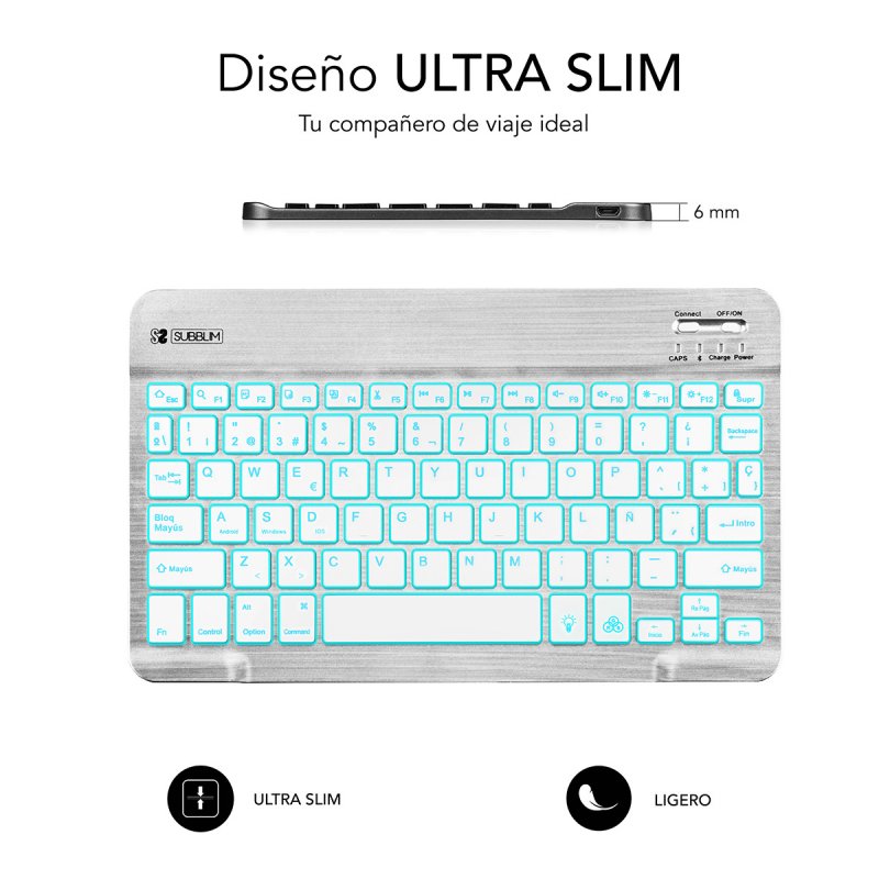 SUBBLIM TECLADO SMART BACKLIT BLUETOOTH SILVER Argent, Blanc QWERTY Espagnole