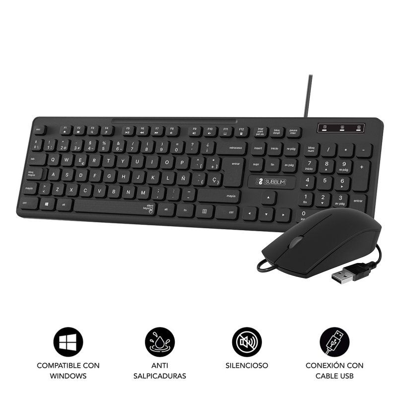 SUBBLIM SUBKBC-CSSK01 clavier Souris incluse USB QWERTY Espagnole Noir