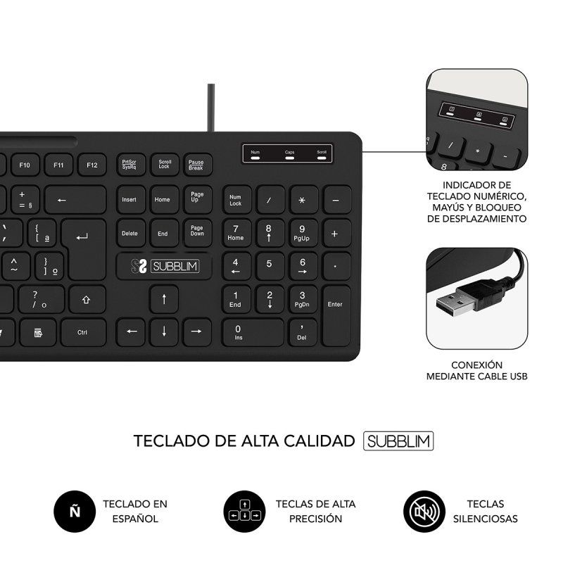 SUBBLIM SUBKBC-CSSK01 clavier Souris incluse USB QWERTY Espagnole Noir