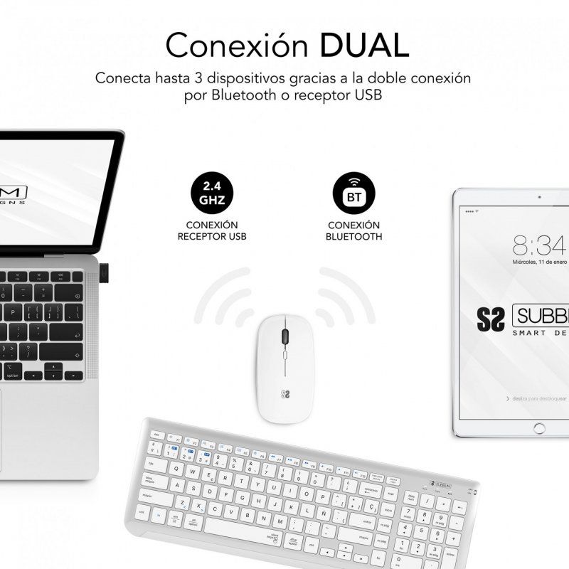 SUBBLIM SUBKBC-DCEP10 clavier Souris incluse RF sans fil Bluetooth QWERTY Espagnole Argent, Blanc