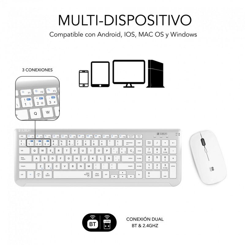 SUBBLIM SUBKBC-DCEP10 keyboard Mouse included RF Wireless Bluetooth QWERTY Spanish Silver, White