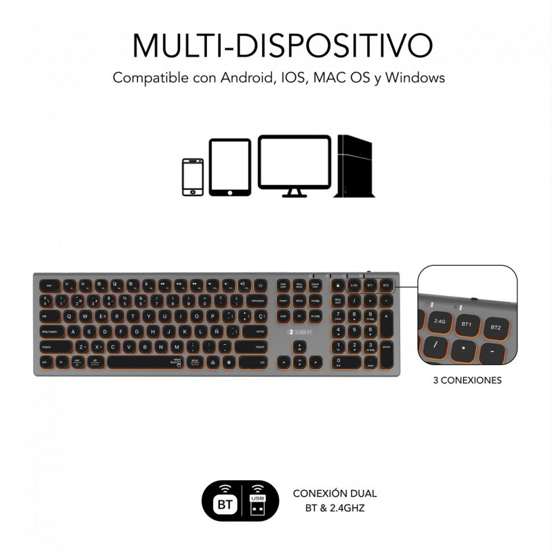 SUBBLIM SUBKB-3MIE310 keyboard RF Wireless Bluetooth QWERTY Spanish Black, Grey