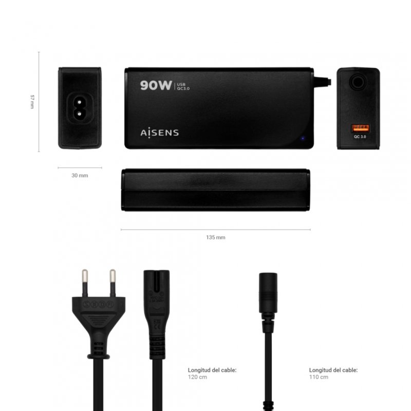 CARGADOR AISENS 90W AUTOMATICO UNI. PORTATIL 12 CONECTORES USB-A QC3.0 NEGRO