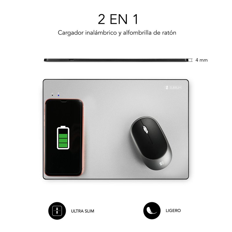 CARGADOR SUBBLIM MOUSEPAD WIRELESS CHARGER ALUMINUM SILVER 10W