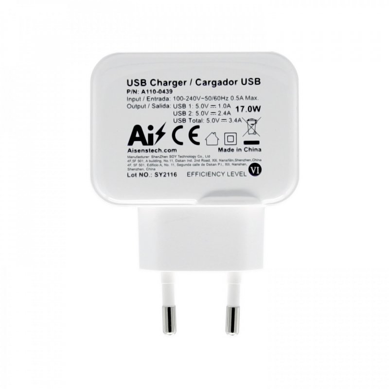 AISENS CARGADOR USB 17W 5V 3.4A 2xUSB CON CONTROL AI BLANCO