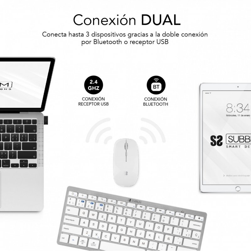 COMBO TECLADO RATON SUBBLIM MULTIDISPOSITIVO COMPACTO PLATEADO/BLANCO BLUETOOTH
