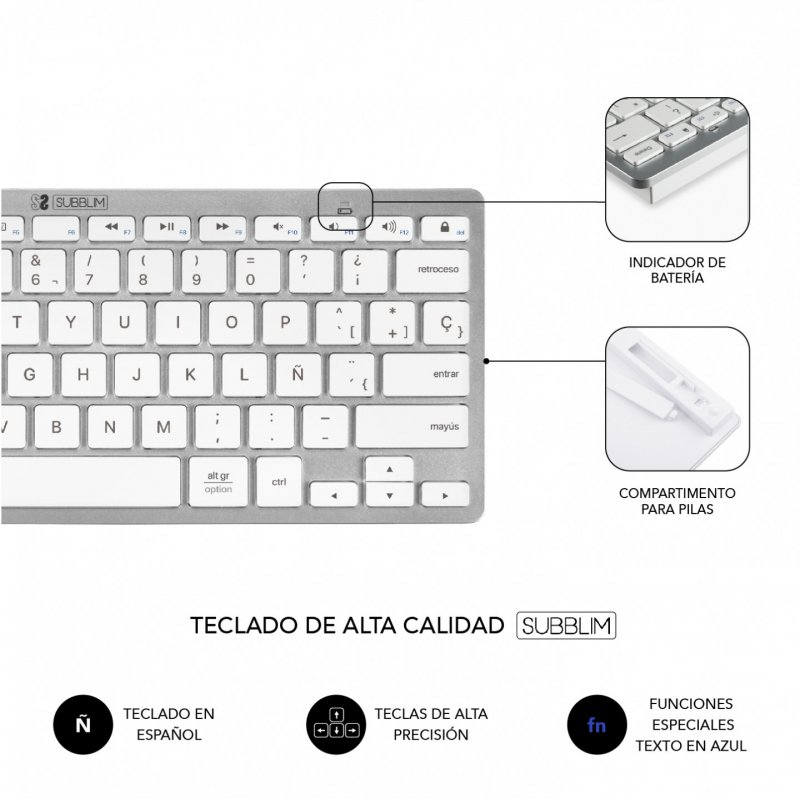 COMBO TECLADO RATON SUBBLIM MULTIDISPOSITIVO COMPACTO PLATEADO/BLANCO BLUETOOTH