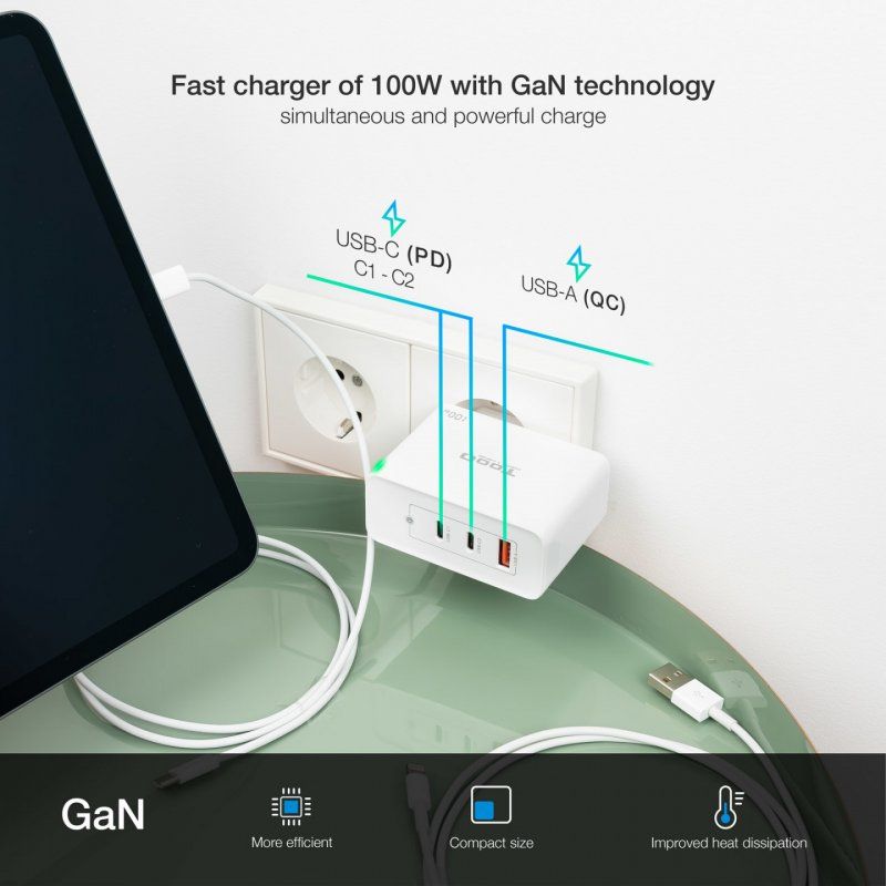 TooQ GaN Wall Charger 2xUSB-C/PD USB-A/QC 100W, White