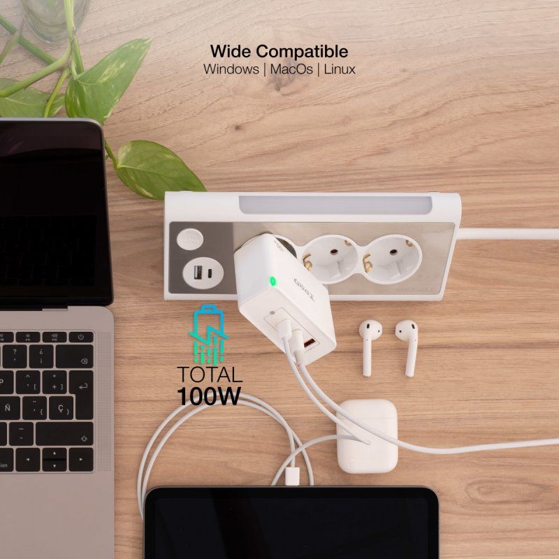 TooQ GaN Wall Charger 2xUSB-C/PD USB-A/QC 100W, White