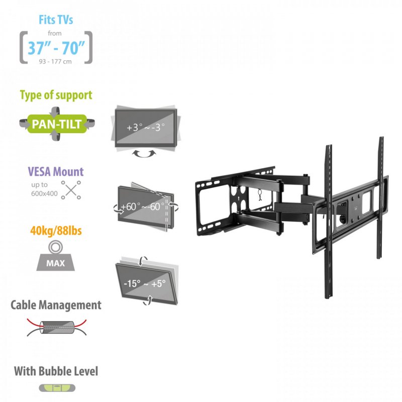 SOPORTE DE PARED EWENT PARA TV FULL MOTION XL 3 PIVOTES 37-70" MAX VESA 600X400