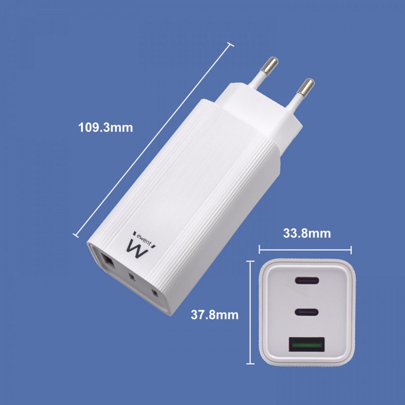 CARGADOR EWENT USB-C AC PD 2 PUERTOS USB-C Y 1 USB-A QC3.0 (65 W) BLANCO