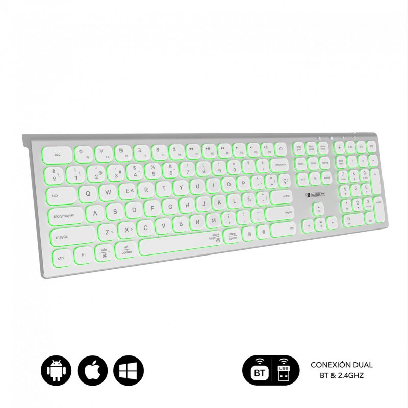 SUBBLIM SUBKB-3MIE300 keyboard RF Wireless Bluetooth QWERTY Spanish Silver, White