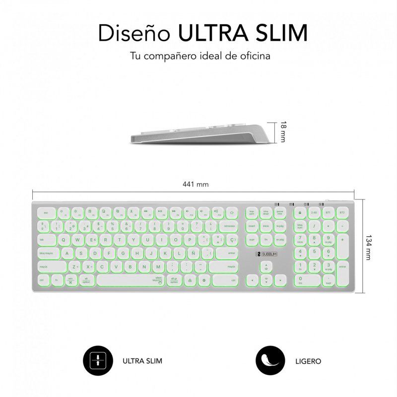 SUBBLIM SUBKB-3MIE300 clavier RF sans fil Bluetooth QWERTY Espagnole Argent, Blanc