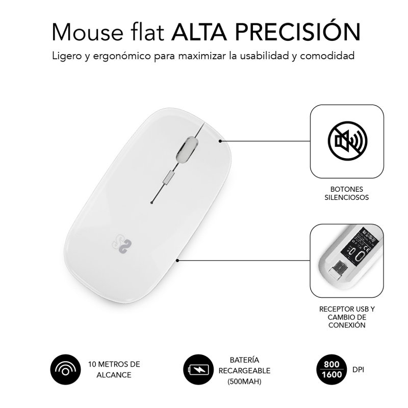 RATON SUBBLIM DUAL FLAT MOUSE WHITE RECHARGEABLE